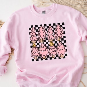 Pink Trees Crewneck, Pink Christmas Sweater, Retro Christmas Tree Sweatshirt, Pink Christmas Tree Sweatshirt, Retro Checkered Tree Sweater