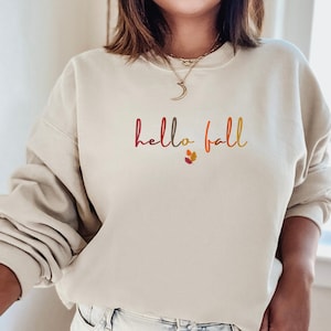 May include: A beige sweatshirt with the text "hello fall" in colorful lettering and a small graphic of autumn leaves.