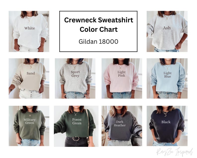 May include: Color chart for Gildan 18000 crewneck sweatshirts. The chart shows 10 different colors: white, ash, sand, sport grey, light pink, light blue, military green, forest green, dark heather, and black.