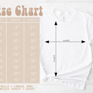 May include: Size chart for a unisex jersey t-shirt, showing measurements in inches for width and length for sizes XS to 5X. The chart is on a white background with a beige border.