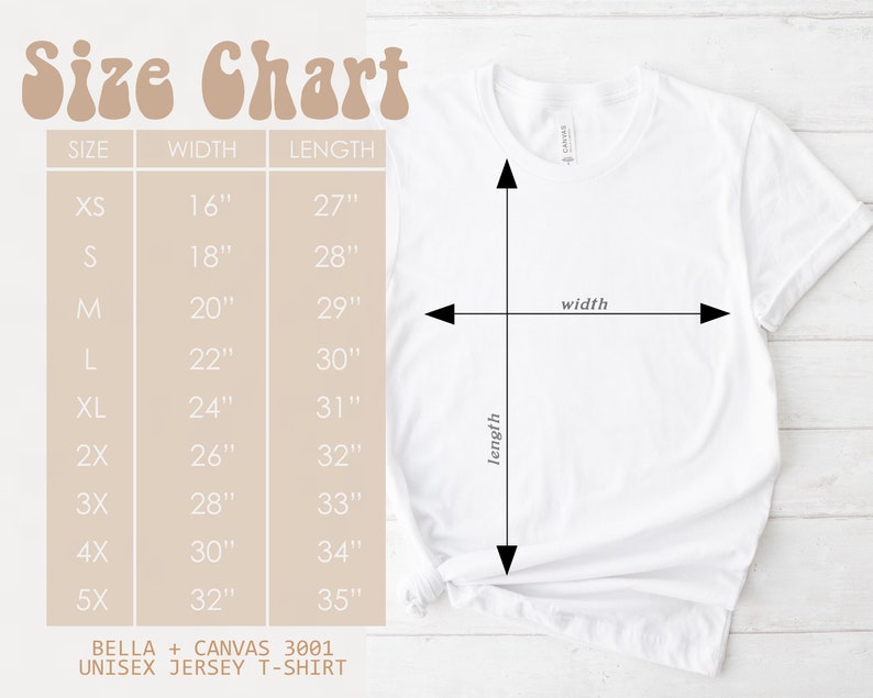 May include: Size chart for a unisex jersey t-shirt, showing measurements in inches for width and length for sizes XS to 5X. The chart is on a white background with a beige border.