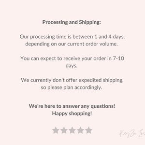 May include: Text on a white background with the heading "Processing and Shipping:". The text explains the processing and shipping times for orders. The text also states that expedited shipping is not offered. The text ends with "We're here to answer any questions! Happy shopping!" and a five-star rating.
