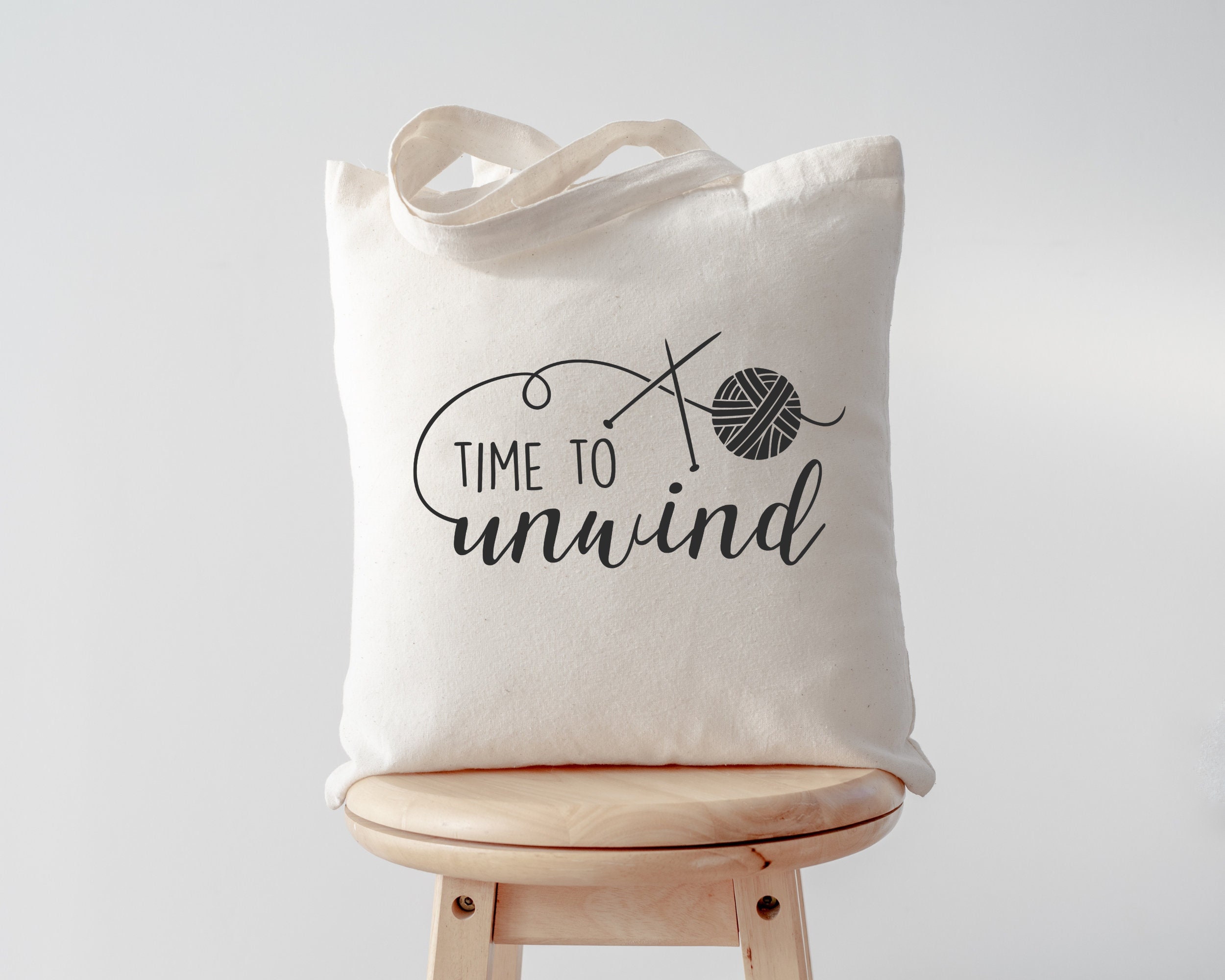Time to unwind knitting tote bag for crafts shopping storage