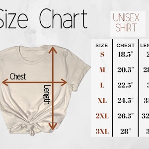 K&ouml;nnte beinhalten: Cremefarbenes Unisex-T-Shirt mit Gr&ouml;&szlig;entabelle. Die Tabelle listet die Gr&ouml;&szlig;en S bis 3XL auf, mit Brustma&szlig;en von 47 cm bis 71 cm und L&auml;ngen von 69 cm bis 84 cm. Der Text "Size Chart" steht oben.