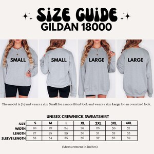 May include: Size chart for a unisex crewneck sweatshirt, showing measurements in inches for width, length, and sleeve length. Sizes range from small to 4XL.