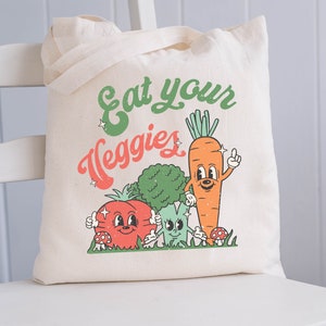 Eat Your Veggies Tote Bag  | Farmer&#39;s Market Bag | Reusable Grocery Bag | Shopping Tote | Retro Aesthetic Bag | Farmers Market Canvas Tote
