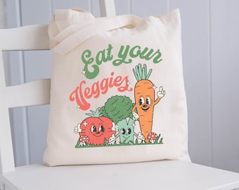 Eat Your Veggies Tote Bag  | Farmer's Market Bag | Reusable Grocery Bag | Shopping Tote | Retro Aesthetic Bag | Farmers Market Canvas Tote