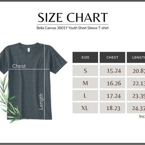 May include: A size chart for a Bella Canvas 3001Y youth short sleeve t-shirt. The chart shows chest and length measurements in inches for sizes S, M, L, and XL. The t-shirt is a dark gray color.