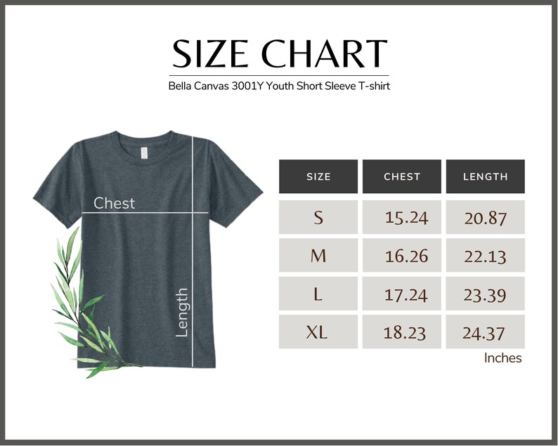 May include: A size chart for a Bella Canvas 3001Y youth short sleeve t-shirt. The chart shows chest and length measurements in inches for sizes S, M, L, and XL. The t-shirt is a dark gray color.