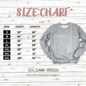 Op de afbeelding: Maattabel voor een Gildan 18000 heavy blend crewneck sweatshirt. De tabel toont borst- en lengtemaat in inches voor maten S tot en met 4XL.