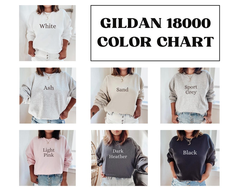 Op de afbeelding: Kleurenkaart voor Gildan 18000 sweatshirts, met verschillende kleuren waaronder wit, as, zand, sport grijs, licht roze, donker grijs melange en zwart.