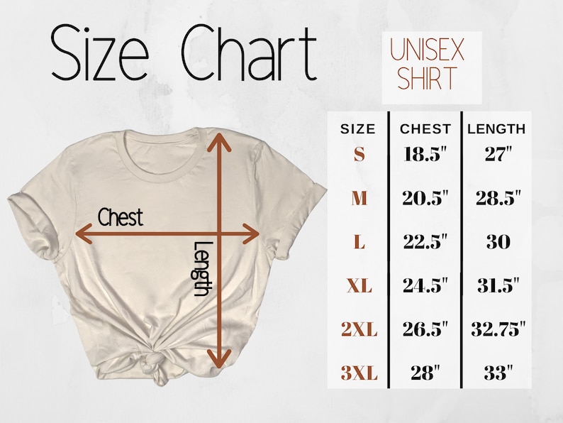 May include: Unisex t-shirt size chart with measurements in inches for chest and length. Sizes include S, M, L, XL, 2XL, and 3XL.