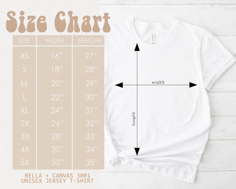 May include: A white unisex jersey t-shirt with a size chart. The chart lists sizes XS to 5X, with corresponding width and length measurements in inches. The text "Size Chart" is at the top, and the brand is "BELLA + CANVAS 3001".