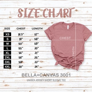 Op de afbeelding: Maattabel voor een Bella + Canvas 3001 unisex jersey t-shirt met korte mouwen. De tabel toont de borst- en lengtemaat in inches voor maten XS tot 4XL.