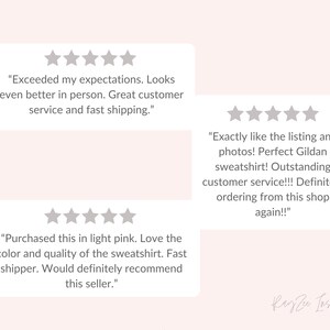 May include: Image of customer reviews on a light pink background. The reviews are in white boxes with gray star ratings. The reviews mention the quality of the product and customer service.
