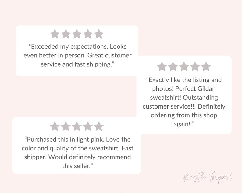 May include: Image of customer reviews on a light pink background. The reviews are in white boxes with gray star ratings. The reviews mention the quality of the product and customer service.