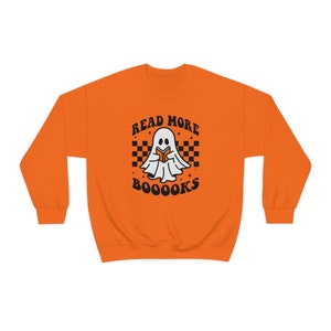 Read More Booooks Ghost Reading Book Sweatshirt, Teacher Halloween Shirt, Reading Ghost Shirt, Cute Halloween Sweater, Fall Sweatshirt, Orange