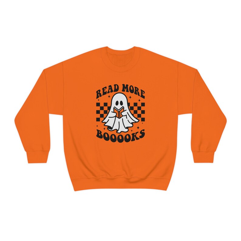 Read More Booooks Ghost Reading Book Sweatshirt, Teacher Halloween Shirt, Reading Ghost Shirt, Cute Halloween Sweater, Fall Sweatshirt, Orange