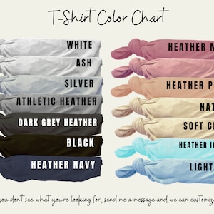 Peut inclure: Nuancier de couleurs de t-shirts montrant 14 couleurs diff&eacute;rentes de t-shirts, y compris blanc, gris cendr&eacute;, argent, gris chin&eacute; athl&eacute;tique, gris chin&eacute; fonc&eacute;, noir, bleu marine chin&eacute;, mauve chin&eacute;, rose, p&ecirc;che chin&eacute;, naturel, cr&egrave;me douce, bleu glac&eacute; chin&eacute; et bleu clair.