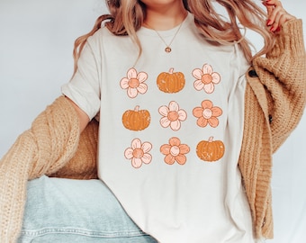 Retro Pumpkins Shirt, Fall Shirt, Womens Fall Shirts, Halloween Graphic Tee, Fall Tees, Autumn Shirt, Pumpkins and Flowers Shirt Fall Tshirt