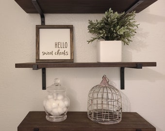 May include: A wooden shelf with a framed sign that says "Hello sweet cheeks". There is a white planter with green plants, a glass jar with cotton balls, and a wire birdcage on the shelf.