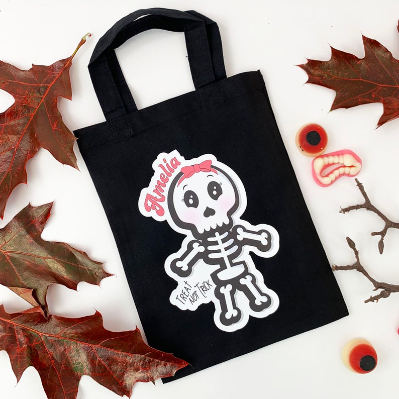 Personalised Trick or Treat Bag PINK SKELETON design with any name added Black Cotton Bag with Free UK shipping
