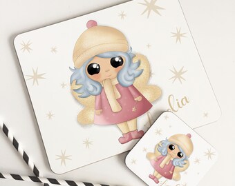 Personalised Winter Fairy Christmas Wooden Glossy Placemat & Coaster Set gifts for children FREE POSTAGE