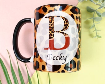 Personalised Leopard Print Black Inner 10oz ceramic Mug, Gift for her for him, Free UK Postage ANY NAME