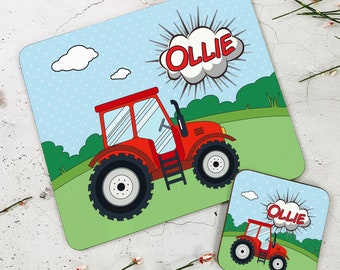 Personalised Red Tractor Hardback Table Mat Set