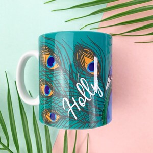 Personalised Turquoise Peacock Ceramic Mug Gift Present for her