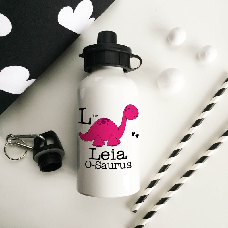 Personalised Aluminium Pink Dino Childrens Water Drinks Bottle Back to School image 1