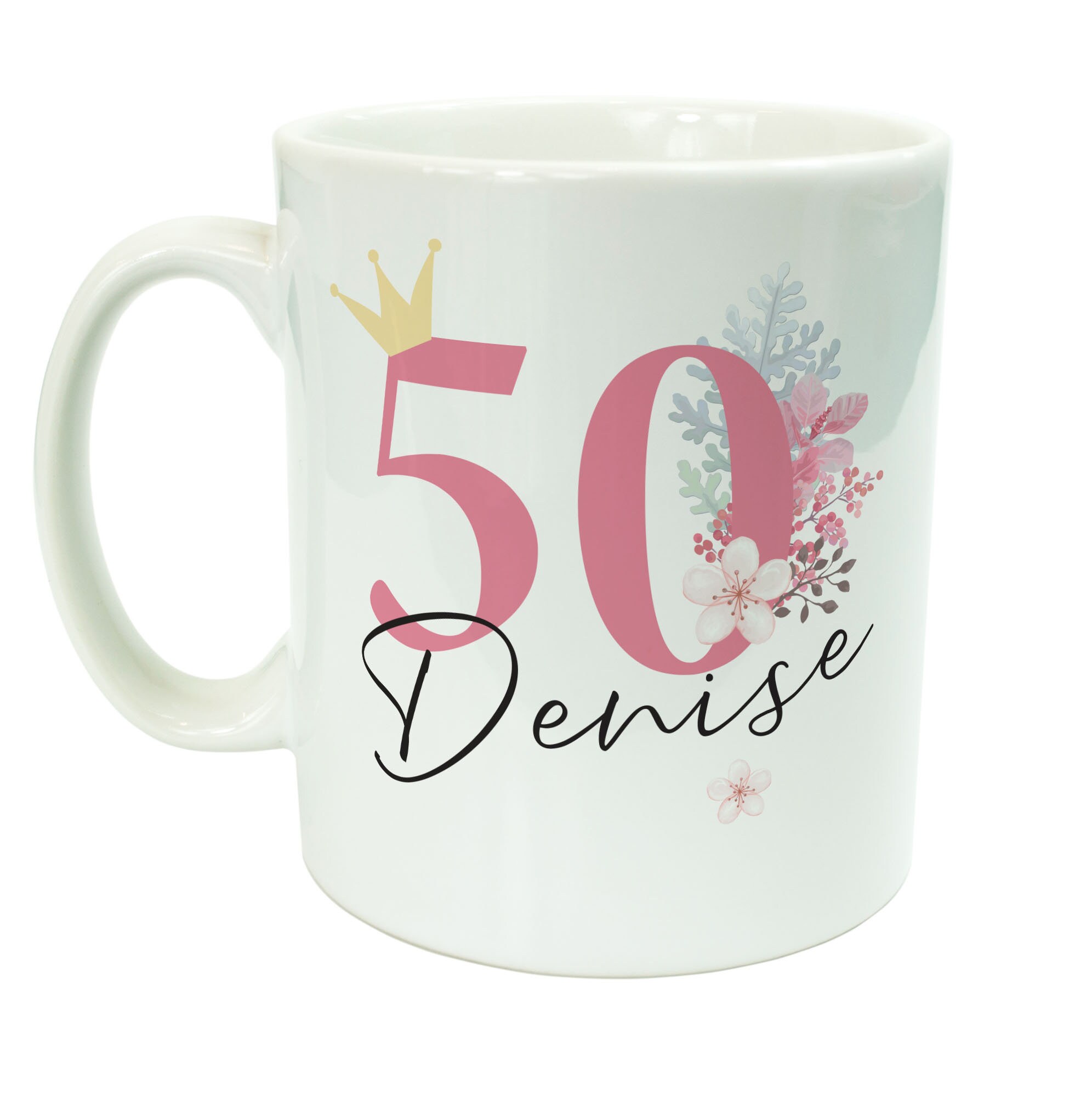 personalised floral crown 50th birthday ceramic mug pink