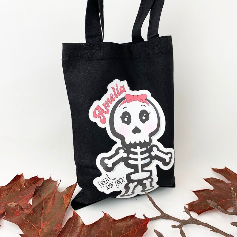 Personalised Trick or Treat Bag PINK SKELETON design with any name added Black Cotton Bag with Free UK shipping