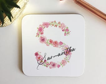 Personalised Watercolour Floral Pink Initial Glossy Wooden Coaster - FREE UK POSTAGE