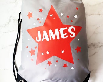 Personalised PE Swimming, Red & White Star Design on Grey Bag , Free UK Postage, Back to School, School Accessory