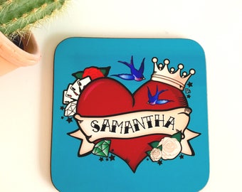 Personalised Retro Tattoo Heart Design Coaster Gifts for Men and Women Free UK postage