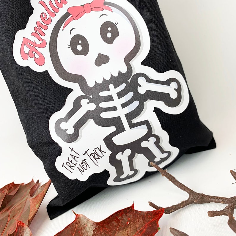 Personalised Trick or Treat Bag PINK SKELETON design with any name added Black Cotton Bag with Free UK shipping