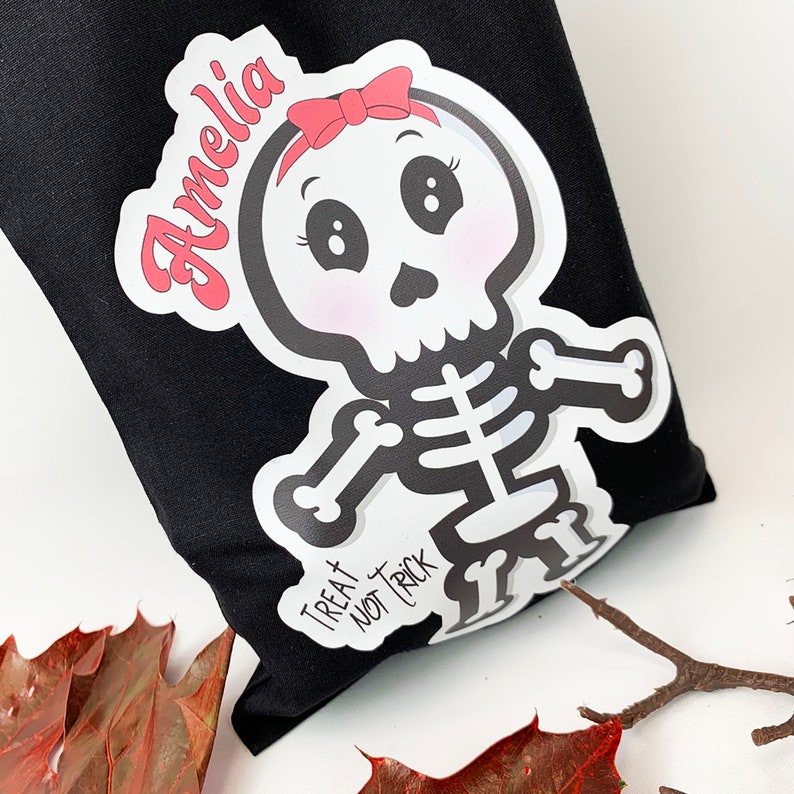 Personalised Trick or Treat Bag PINK SKELETON design with any name added Black Cotton Bag with Free UK shipping