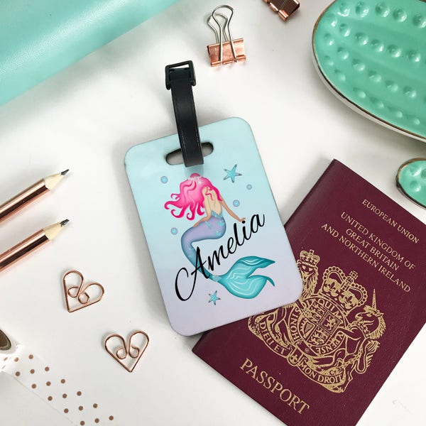 Personalised Kids Adults P U Leather Luggage Tags for suitcase holiday accessory Fantasy Mermaid