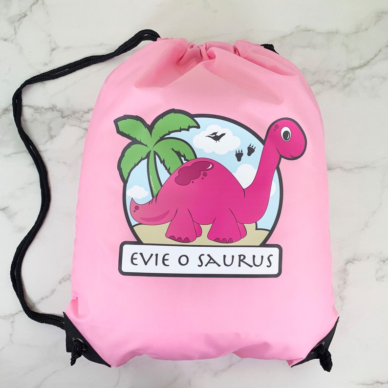 PE Bag School Personalised Grey Kids Dinosaur Red Drawstring Swimming