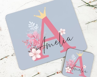 Personalised Floral Crown Hardback Wooden Glossy Placemat & Coaster Set gifts for children FREE POSTAGE