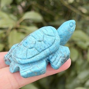 May include: A turquoise stone turtle figurine. The turtle has a detailed shell, head, and flippers. The stone has natural variations in colour, with shades of blue and grey. The figurine is held in a hand, with a blurred green background.