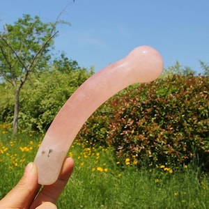 May include: A curved, pink rose quartz massage tool. The tool has a rounded head and a smooth, polished surface. The background features green foliage and a blue sky.