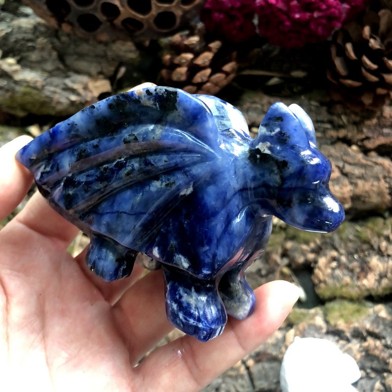 May include: A carved blue sodalite dragon figurine. The dragon has detailed wings, legs, and a head with a pointed snout. The stone has dark blue and white marbling. The figurine is held in a hand.