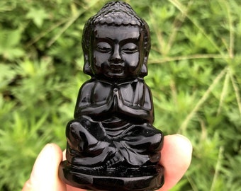 Black Obsidian Buddha Carving, Healing Crystal Figurine