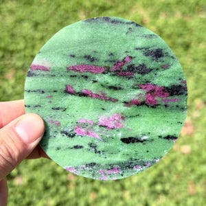 Polished Ruby Zoisite Disc: Natural Healing Crystal Decor