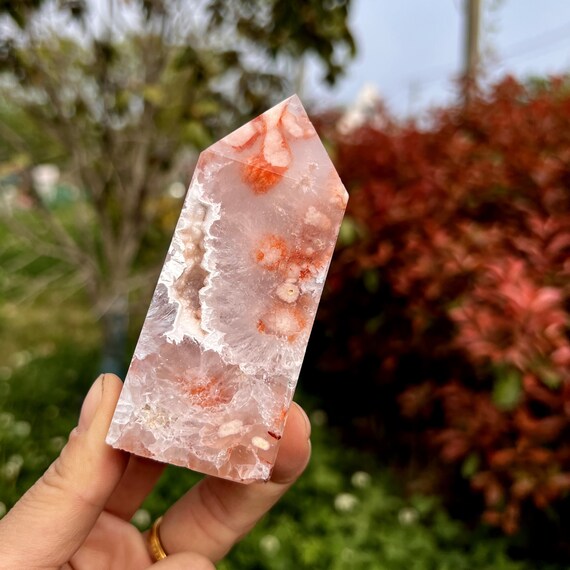 Pink Drzuy Cherry Blossom Flower Agate Tower Crystal Natural