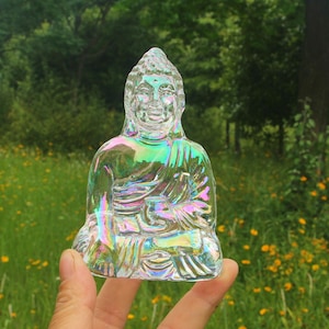 May include: A clear, iridescent Buddha statue. The seated figure has a serene expression and is detailed with folds in the robe. The statue reflects a rainbow of colours, including green, pink, and yellow, against a backdrop of green foliage.