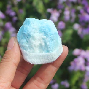 May include: A light blue and white mineral specimen held in a hand. The mineral has a rough, textured surface with a band of white at the base. The background is blurred with green and purple foliage.