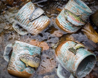 Handmade ceramic fishing mug, one of a kind, hand painted, personalized fish choice